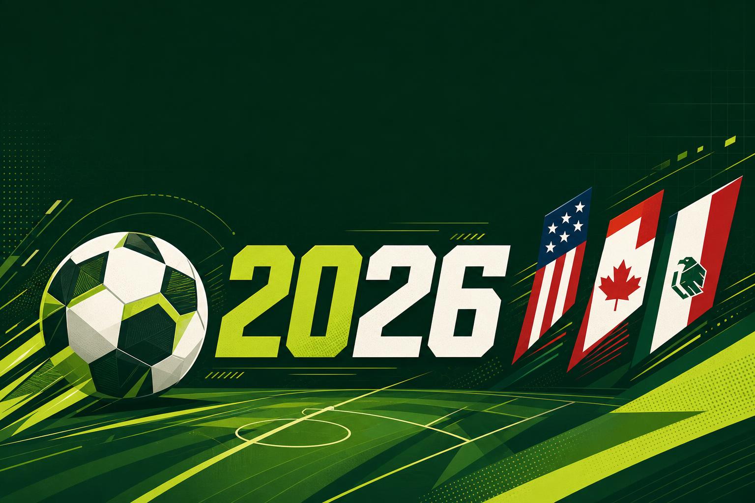 World Cup 2026 fan banner with soccer ball, 2026 numerals, and host nation flags